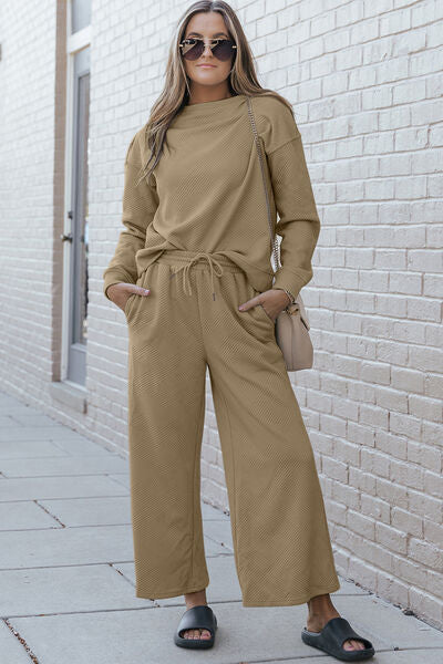 Double Take Full Size Textured Long Sleeve Top and Drawstring Pants Set - Dahlia Boutique