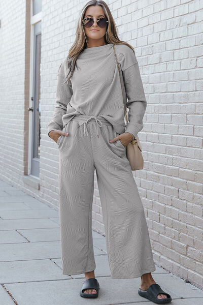 Double Take Full Size Textured Long Sleeve Top and Drawstring Pants Set - Dahlia Boutique