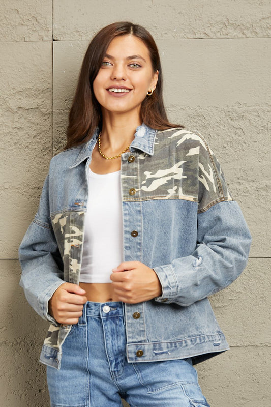GeeGee Full Size Washed Denim Camo Contrast Jacket - Dahlia Boutique