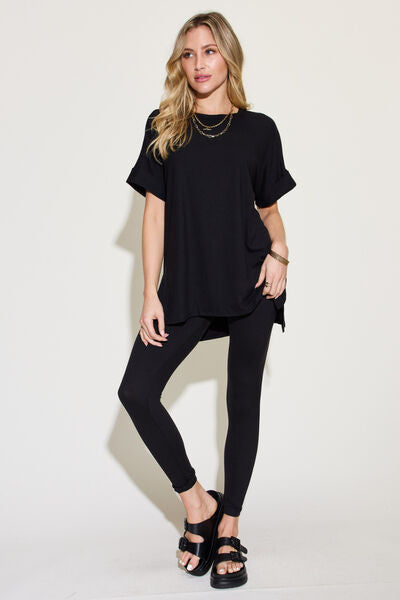 Zenana Plus Size Short Sleeve Slit T-Shirt and Leggings Lounge Set - Dahlia Boutique