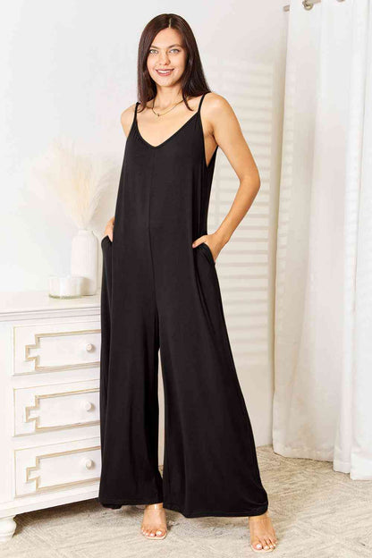 Double Take Full Size Soft Rayon Spaghetti Strap Tied Wide Leg Jumpsuit - Dahlia Boutique