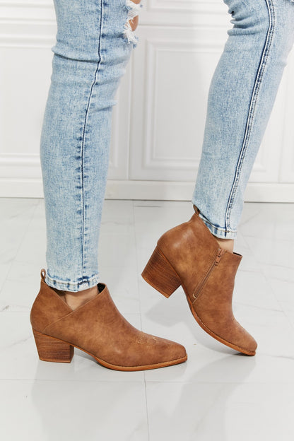 MMShoes Trust Yourself Embroidered Crossover Cowboy Bootie in Caramel - Dahlia Boutique